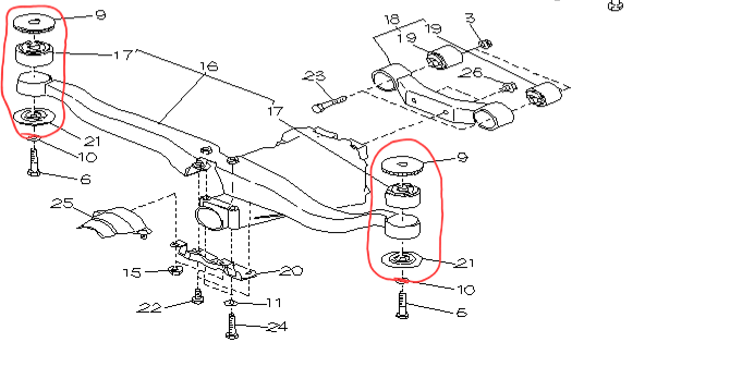 84'-94" Subaru Justy. Rear Differential Cross Member "Mustache Bar" Mounts. D1088-SUB-DT