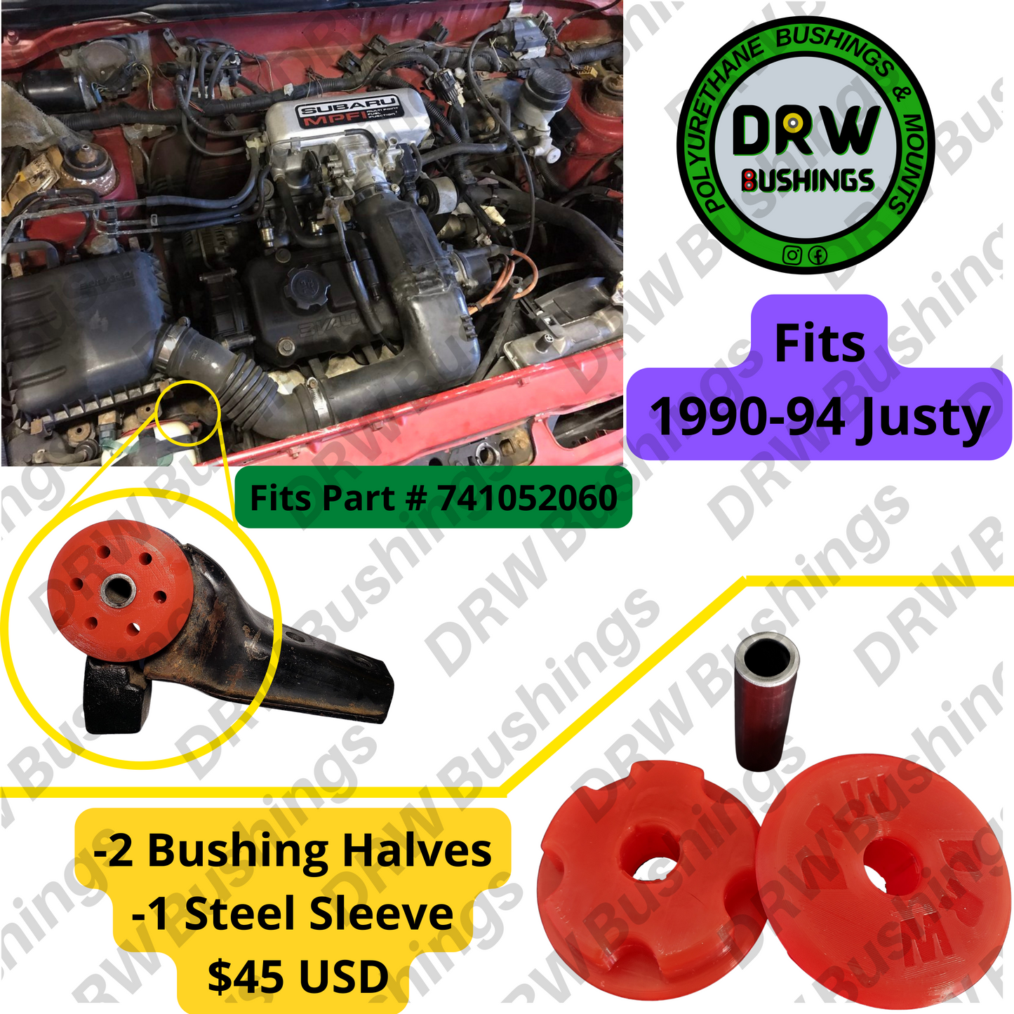 90'-94' Justy Right Side Engine Mount Bushing. D1079-SUB-EN