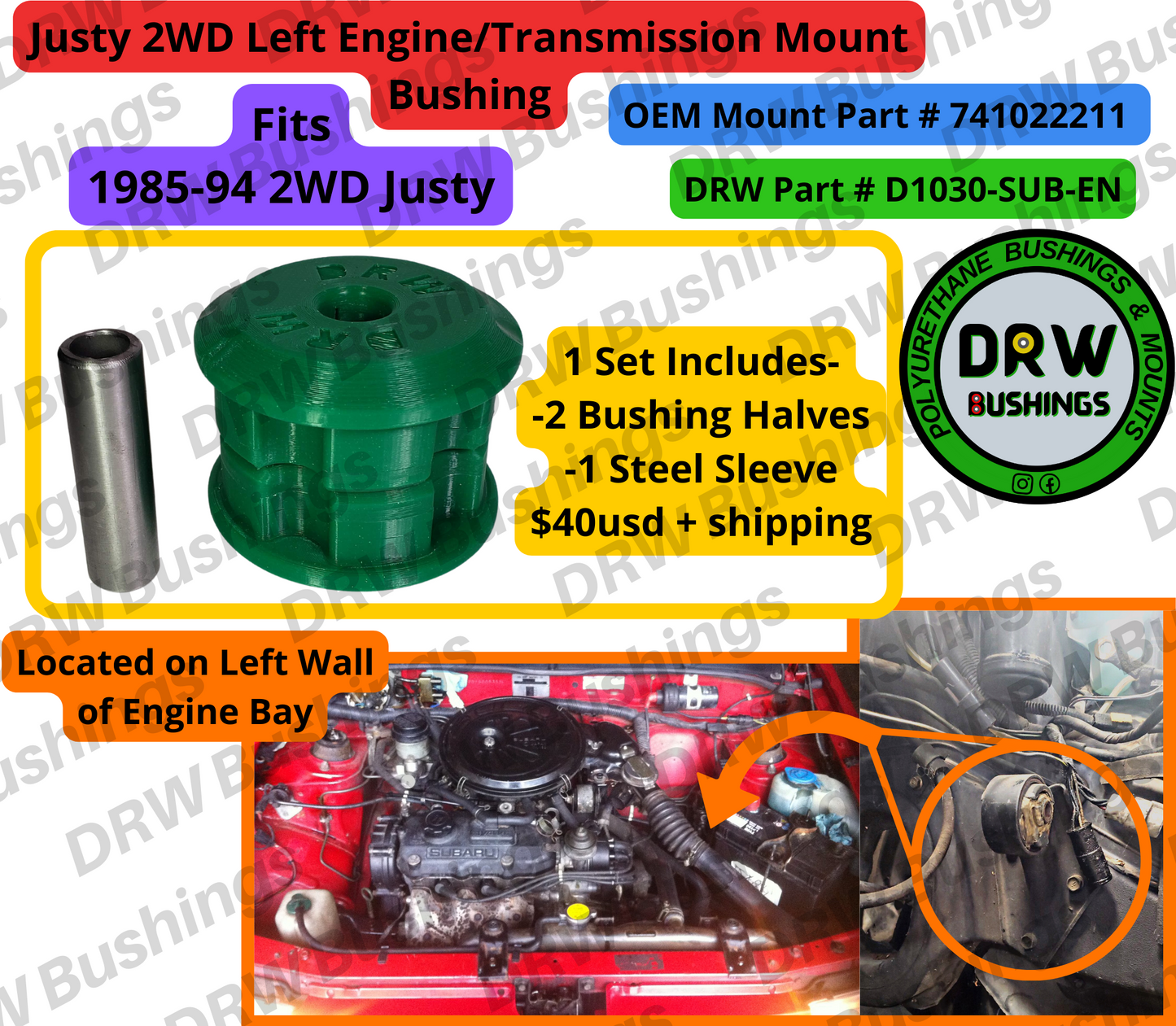 84'-94' Justy 2WD Engine/Transmission Mount, Left Side Bushing
