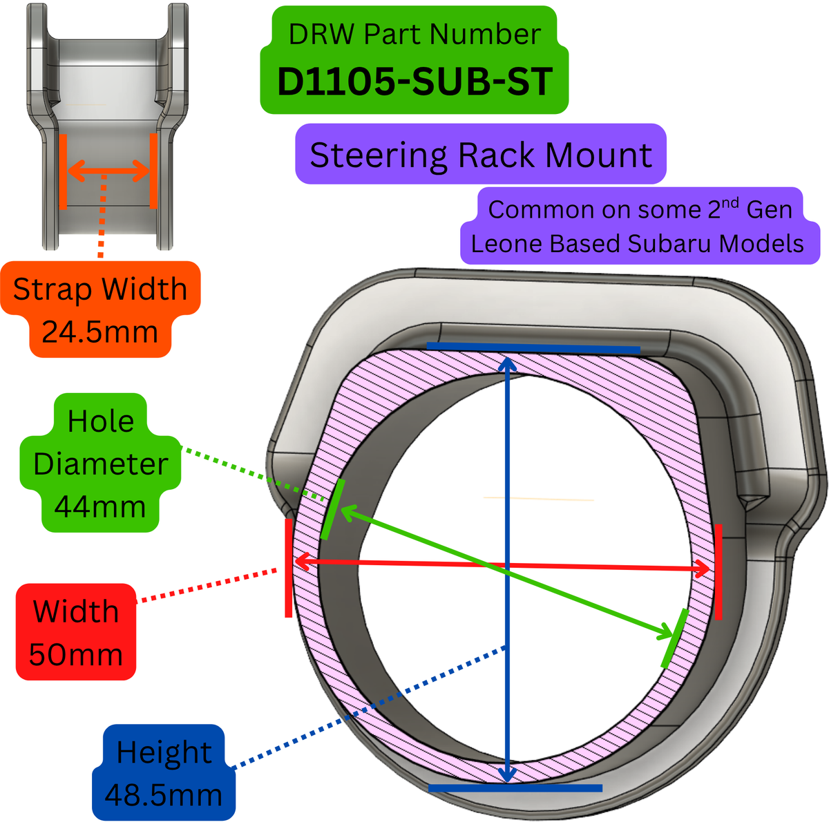 Steering Rack Mount Bushing. Subaru 2nd Gen. D1105-SUB-ST
