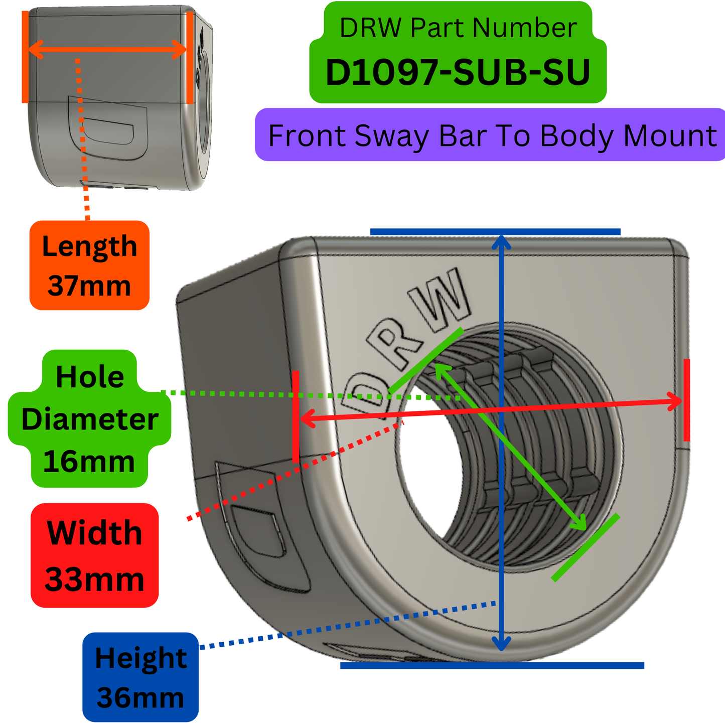 3rd Gen. Subaru Front Sway Bar Inner Mounts. 16mm Bar. PN-D1097-SUB-SU