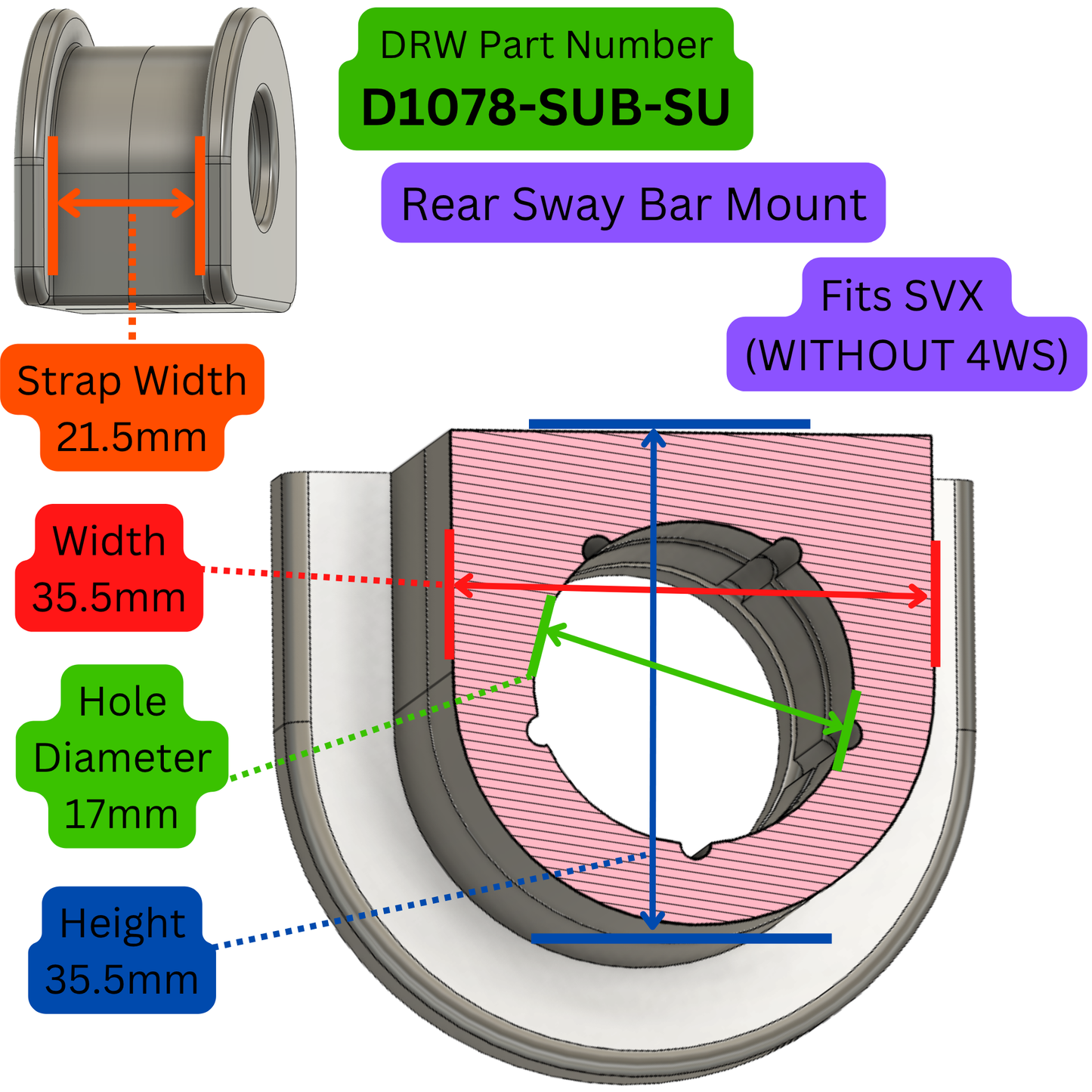 Subaru SVX. 17mm Rear Sway Bar Mount Bushings. D1078-SUB-SU