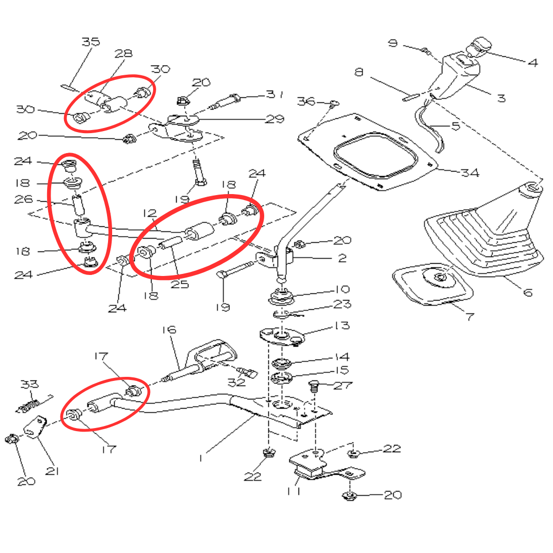 EA82, 5 speed, Single-Range 4WD, Shift Linkage Bushing Set.